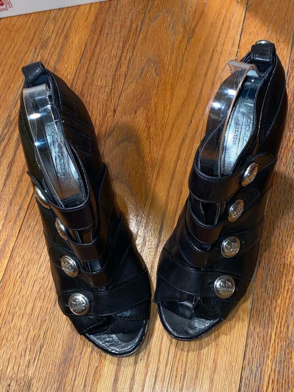 Coach Black Leather Peep Toe Button Gladiator Heels